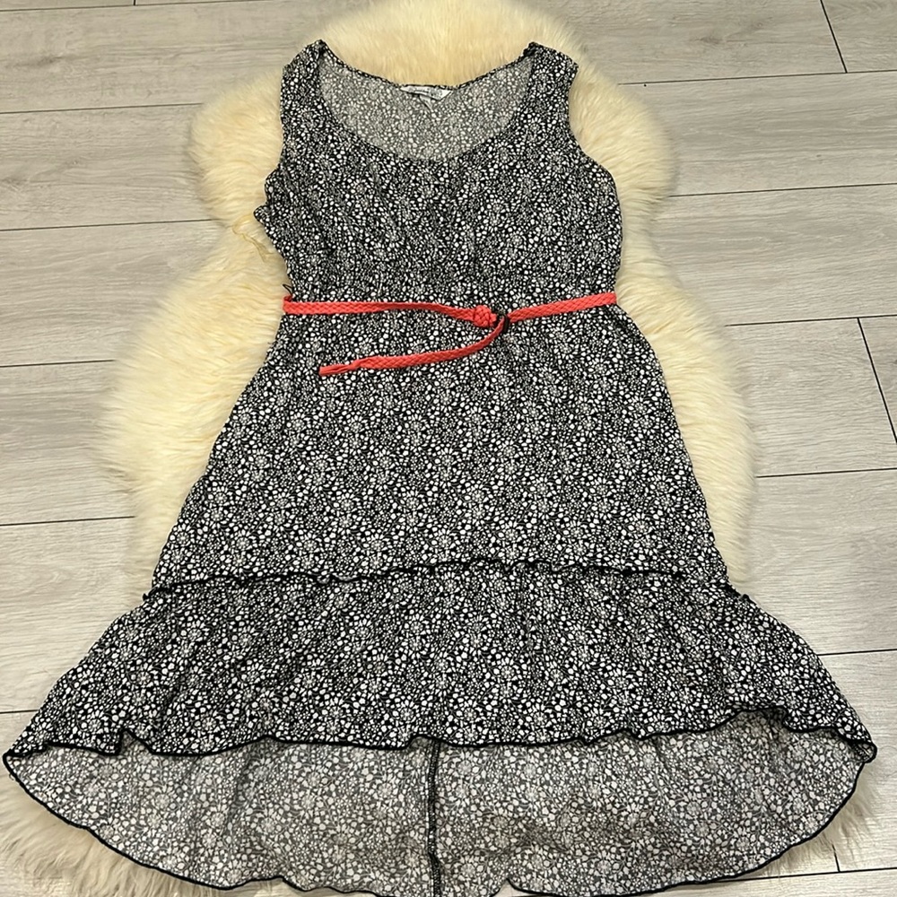 Girls High-Low Ruffle Black & White Flower Dress with Coral Skinny Belt Size XL